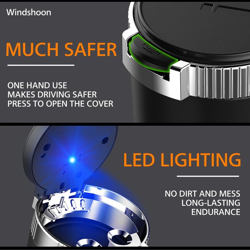 Windshoon Smokeless Car Ashtray with Lid - Stainless Steel Inner Container Windproof Ashtray, Portable LED Blue Light Auto Accessories for Travel, Detachable Mini Trash Can (Silver 1-Pack) - Image 4